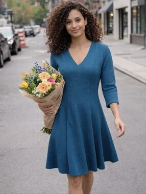 V-Neck Teal Fit-and-Flare Dress